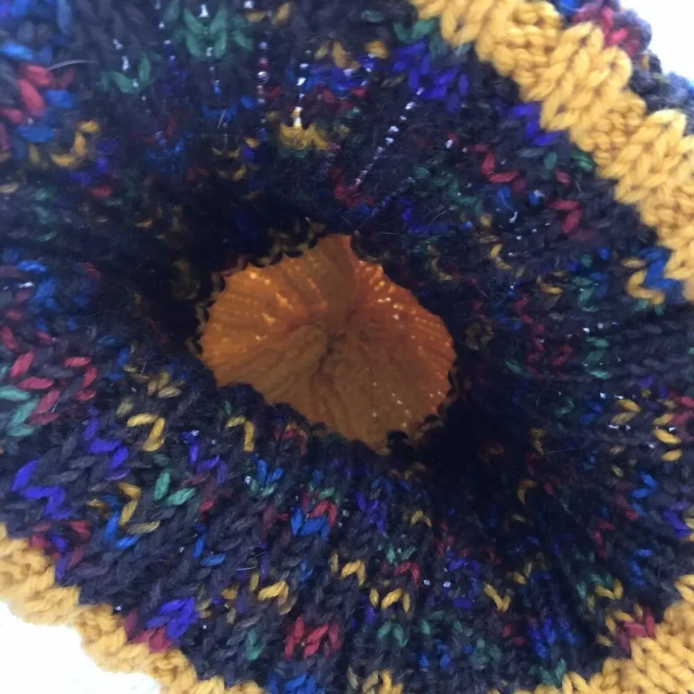 Chunky Knit Beanie Yellow & Dark Grey Color Flecked with Pompom Topper